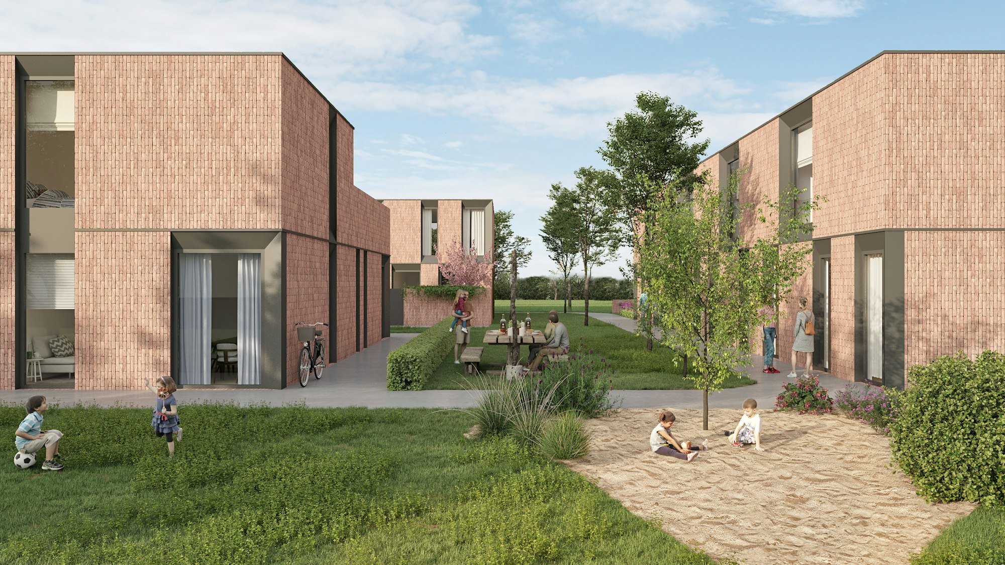 Sfeerbeeld project Hoedhaar, houtskeletbouw woningen, modern design met rode stenen