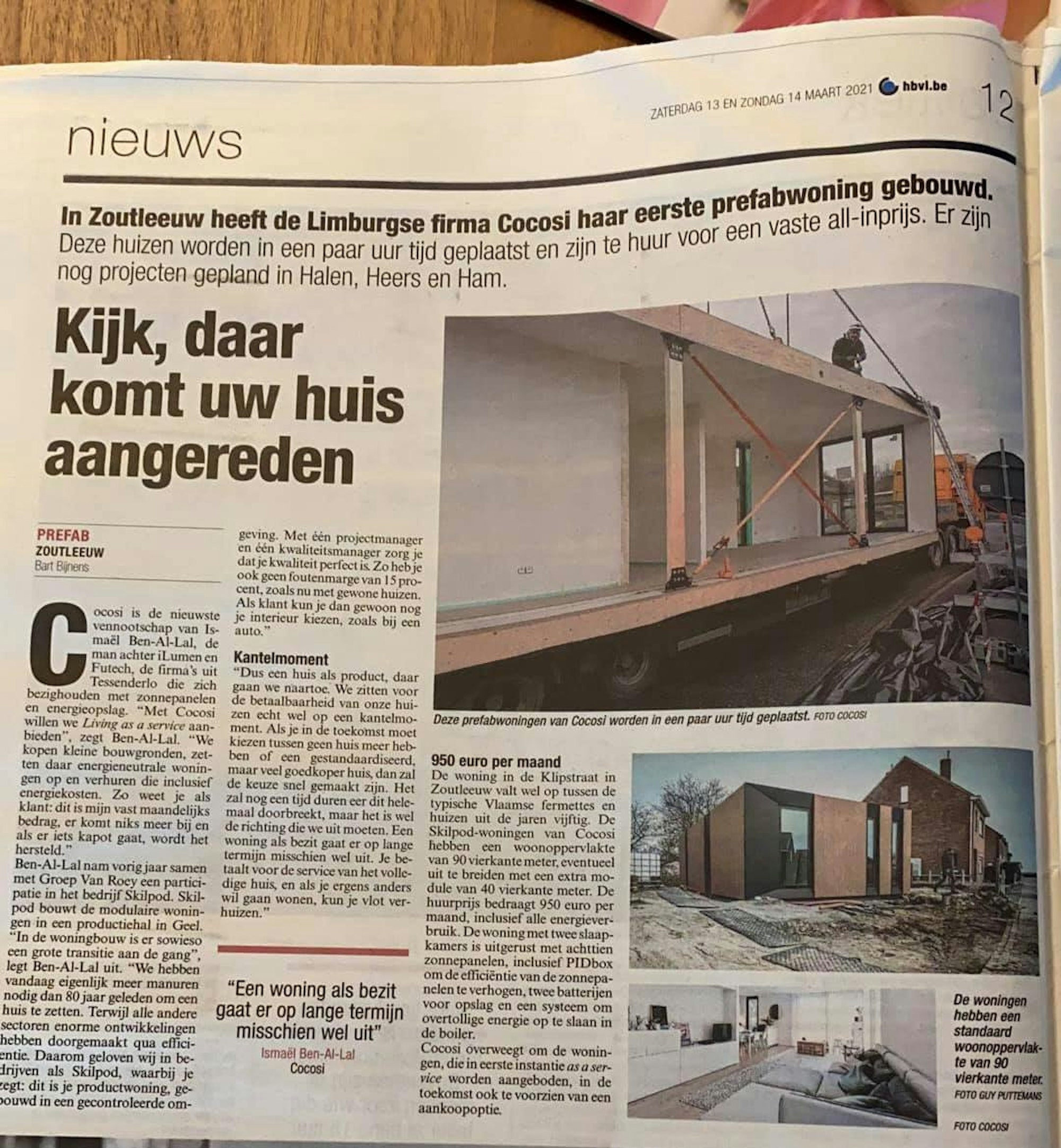 Foto van een krantenartikel in HBVL over onderneming Cocosi