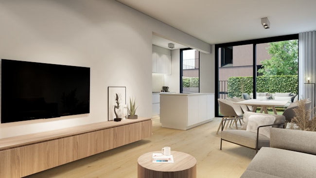 Interieur van een Skilpod #110, nieuwbouw houtskeletbouw woning